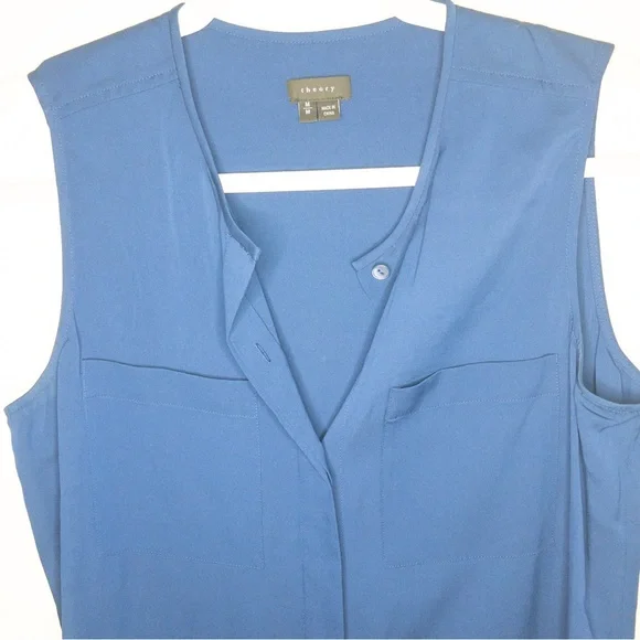 Theory Silk Split Neck Button Down Sleeveless Blouse - Picture 3 of 6